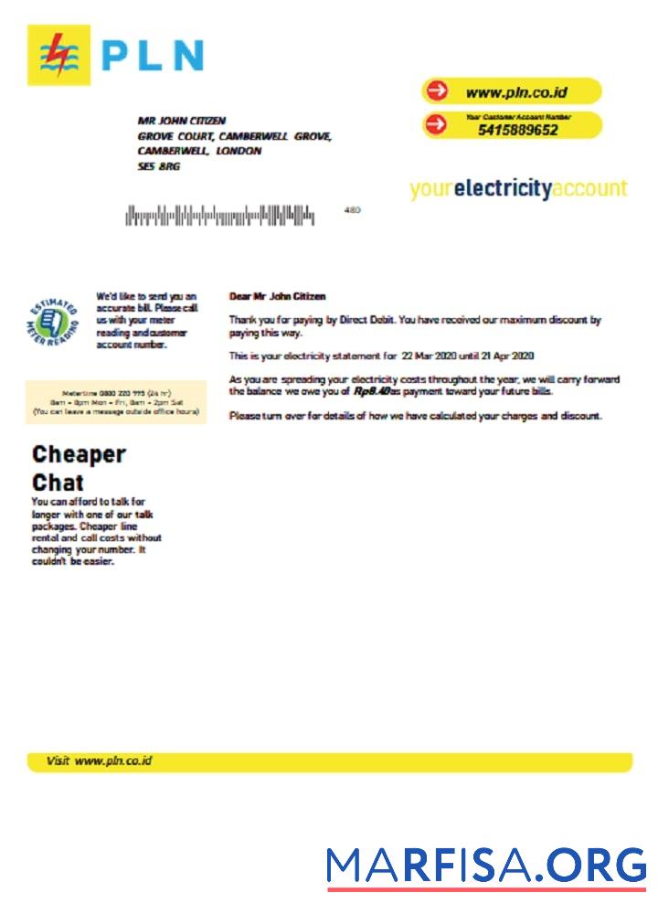 Blank Indonesia PLN electricity utility bill template in Word and PDF format